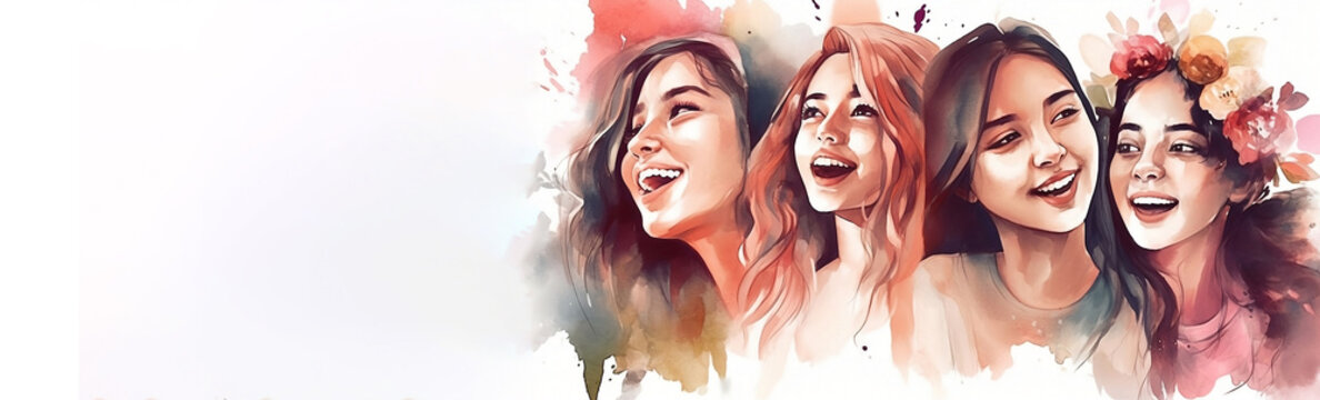Happy women group for International Women’s day, watercolor of female friend group, watercolor style illustration by Generative Ai