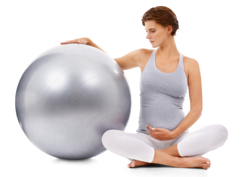 Pregnant, woman and fitness ball on an isolated and transparent png background for exercise, pilates and wellness. Pregnancy and mother workout for healthy body and yoga training