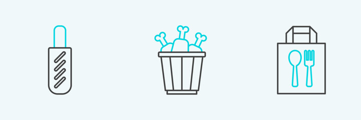 Set line Online ordering and delivery, Hotdog sandwich and Chicken leg package box icon. Vector