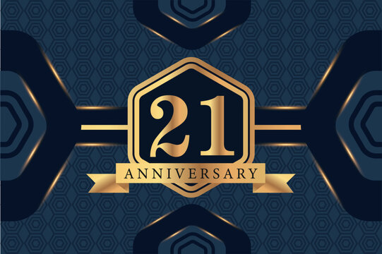 21st year anniversary celebration luxury golden logo vector design with black elegant color on blue abstract background 