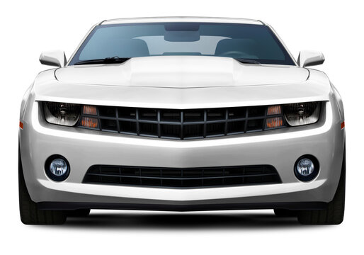 Powerful American muscle car in full white color front view. On a transparent background in png format.