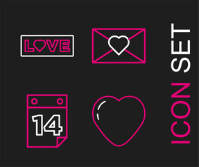 Set line Heart, Calendar with February 14, Envelope Valentine heart and Love text icon. Vector