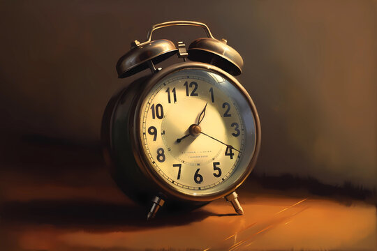 A vintage alarm clock with its ticking hands. digital art illustration. generative AI.