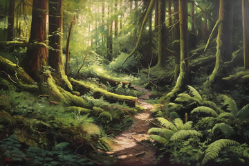 An oil painting of a lush forest on canvas. digital art illustration. generative AI.