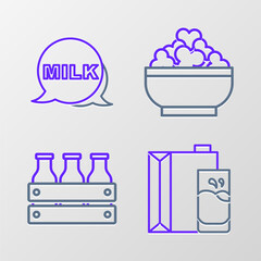 Set line Paper package for milk, Bottled in wooden box, Cottage cheese and Lettering icon. Vector