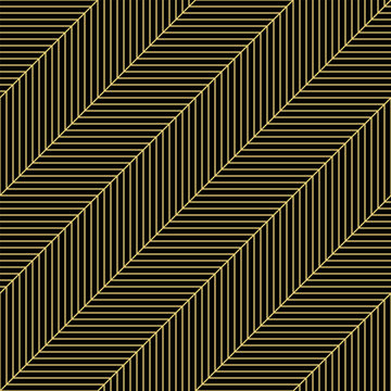 Geometric golden color seamless pattern black background. Zig zag graphic print. Vector line texture. Modern swatch wrapping paper. Stylish repeating trellis line grid. Trendy hipster sacred geometry