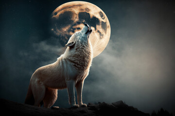 Beautiful white wolf howling at the full moon.Generative AI.