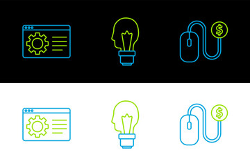 Set line Advertising, Browser setting and Light bulb with concept of idea icon. Vector