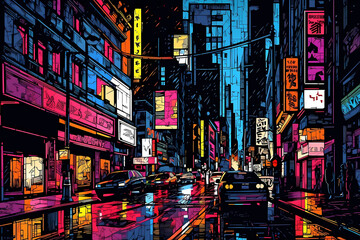 city street with neon lights. comic book. digital art illustration. generative AI. - obrazy, fototapety, plakaty