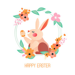 Happy Easter Greetings card, Flat easter bunny. Easter eggs, flowers, leaves. Spring time. Holidays Vector