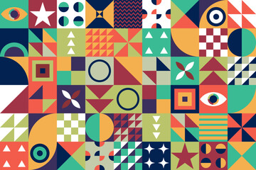 Neo geo pattern. Made with colorful geometric shapes and simple geometrical figures, for web background, poster fine arts, cover page and prins.