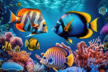 Obraz na płótnie Canvas Animals of the underwater sea world Ecosystem Colorful art, generate AI