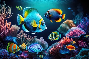 Naklejka na ściany i meble Animals of the underwater sea world Ecosystem Colorful art, generate AI