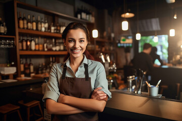 Waitress in front of the top bar looking at camera in her restaurant.