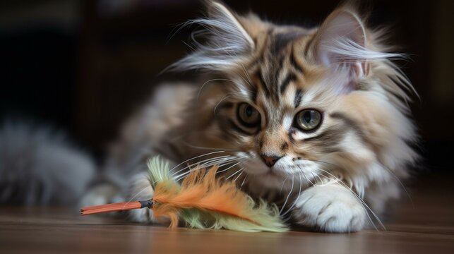 A fluffy and adorable Pixiebob cat playing with a feather toy. Generative AI