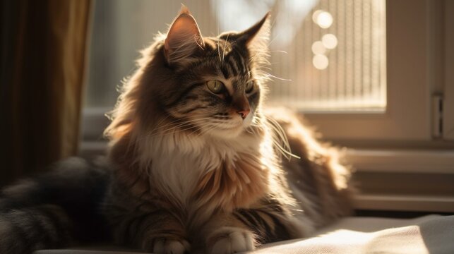 A charming and adorable American Bobtail cat lounging on a sunlit windowsill. Generative AI