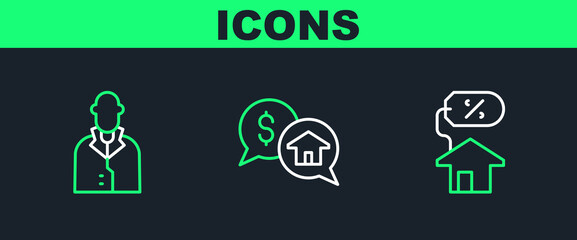 Set line House with percant, Realtor and Price negotiation icon. Vector