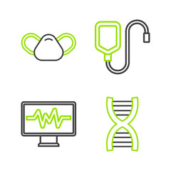 Set line DNA symbol, Monitor with cardiogram, IV bag and Medical protective mask icon. Vector