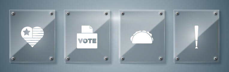 Set Baseball bat, Taco with tortilla, Vote box and USA Independence day. Square glass panels. Vector