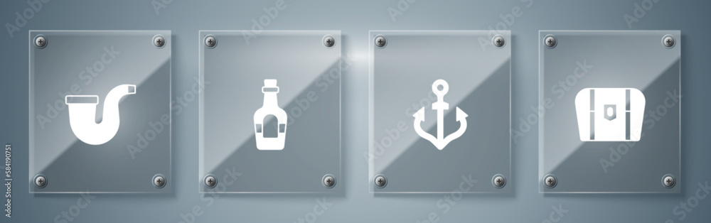 Poster set antique treasure chest, anchor, alcohol drink rum and smoking pipe. square glass panels. vector