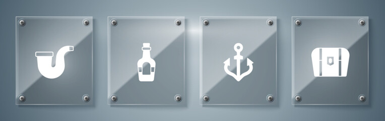 Set Antique treasure chest, Anchor, Alcohol drink Rum and Smoking pipe. Square glass panels. Vector