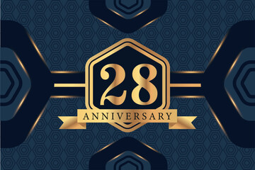 28th year anniversary celebration luxury golden logo vector design with black elegant color on blue abstract background 