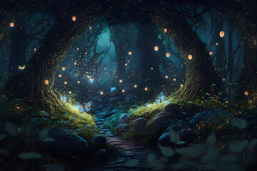 Fantasy forest at night, magic lights and fireflies in fairy backgroud