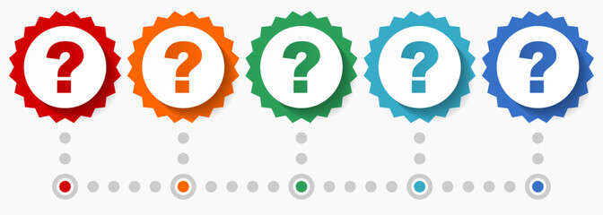 Question mark vector icon set, colorful infographic template, set of flat design badge icons in 5 color options