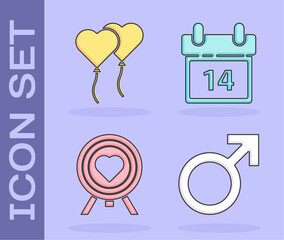 Set Male gender symbol, Balloons in form of heart, Heart in the center of darts target aim and Calendar with February 14 icon. Vector