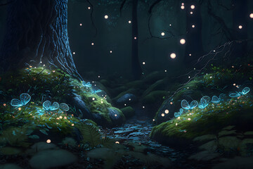Fantasy forest at night, magic lights and fireflies in fairy backgroud