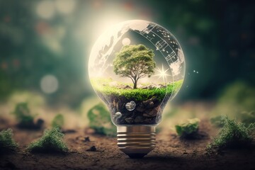Green energy innovation of the future. Green electricity / Eco-friendly electricity. The future of electricity production. Generative AI. - obrazy, fototapety, plakaty