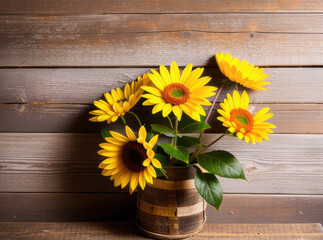 sunflowers in a wooden vase