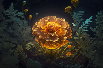 Fototapeta na wymiar Fantasy Marigold flower, plant and leaves floral background