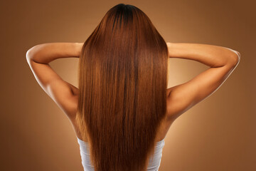 Back of hair, beauty and woman in studio for growth, wellness and keratin treatment on brown...