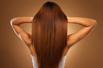 Fototapeta premium Back of hair, beauty and woman in studio for growth, wellness and keratin treatment on brown background. Hairdresser mockup, salon and girl with hairstyle for shampoo, haircare texture or cosmetics