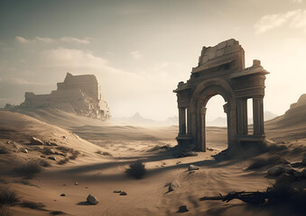 desert landscape with ancient lost city ruins, background, generative ai