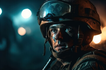 Fototapeta premium portrait of soldier in modern ammunition at war on battlefield at night. Generative AI
