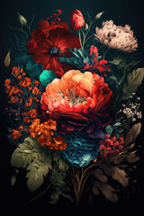 Flowers on a dark background. Botanical luxury floral wallpaper. AI