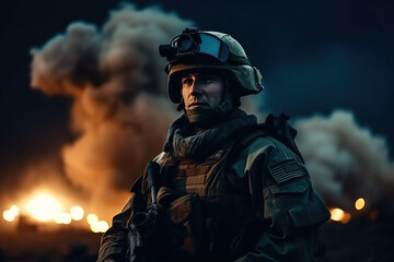 portrait of soldier in modern ammunition at war on battlefield at night. Generative AI
