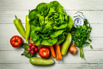 Diet time. Food clock. Healthy food concept with vegetables on wooden table
