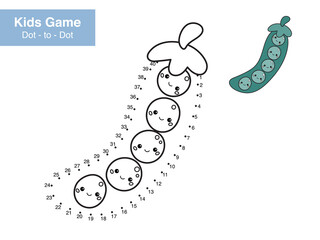 Number puzzle game. Dot to dot. Cute kawaii peas with funny faces. Healthy food. Cartoon vegetable. Educational worksheet. Printable activity page for kids. Connect the dots and color.