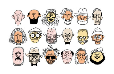 Fototapeta premium Old man face, senior, mature, different age generation. Adult people, diverse characters set. Elderly person. Collection of facial expressions. Vector cartoon hand drawn sketch line Illustration