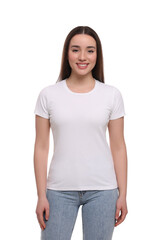 Obraz premium Woman wearing stylish T-shirt on white background
