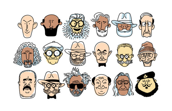 Old man face, senior, mature, different age generation. Adult people, diverse characters set. Elderly person. Collection of facial expressions. Vector cartoon hand drawn sketch line Illustration