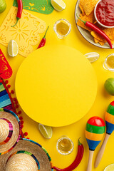 Cinco-de-mayo party concept. Top view vertical photo of yellow circle tequila nacho chips with sauce chilli lime sombrero serape garland maracas on isolated bright yellow background with blank space