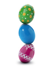 Stack of bright Easter eggs on white background