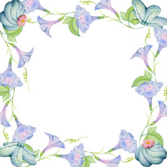 Watercolor hand drawn traditional Japanese sweets. Square frame of summer wagashi, morning glory. Isolated on white background. Design for invitations, restaurant menu, greeting cards, print, textile