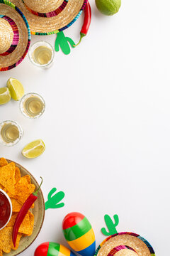 Top vertical view photo of Cinco de Mayo accessories sombrero tequila shots lime plate with nacho chips with salsa sauce maracas on white backdrop with copyspace