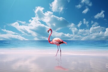 One flamingo on the beach. Generative ai