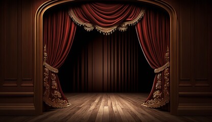 classic maroon curtains with light descended onto the center of the stage. Generative ai